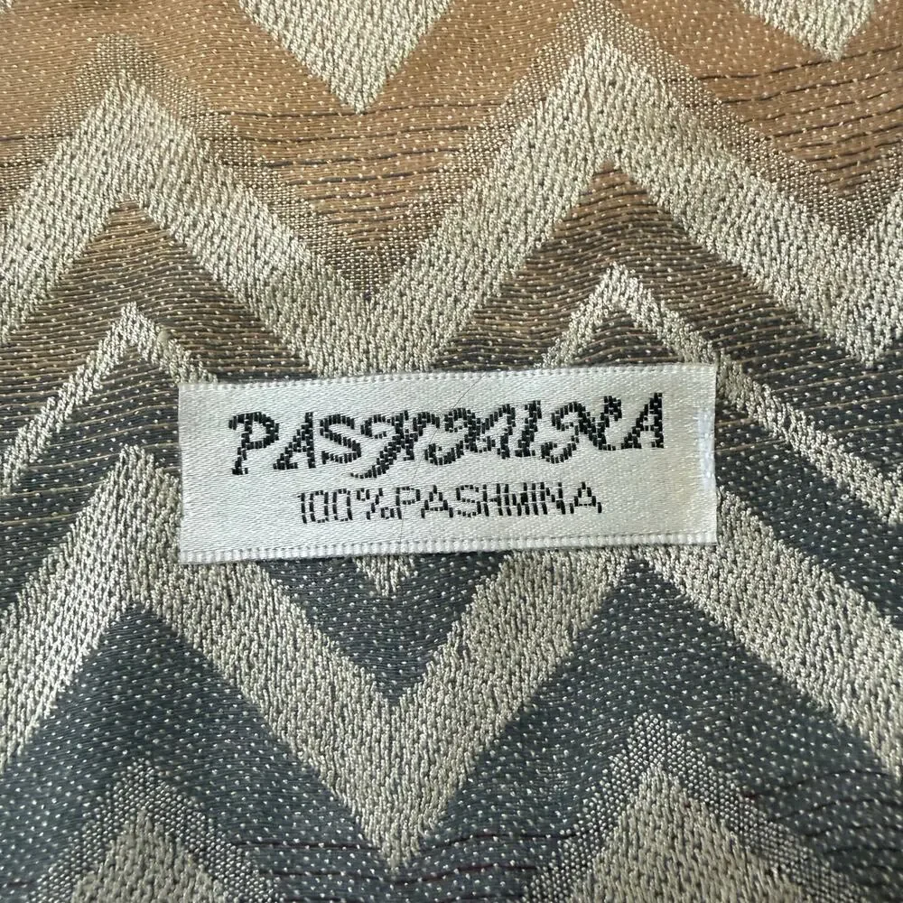 100% Pashmina Cashmere Chevron Blue Beige and Brown Scarf